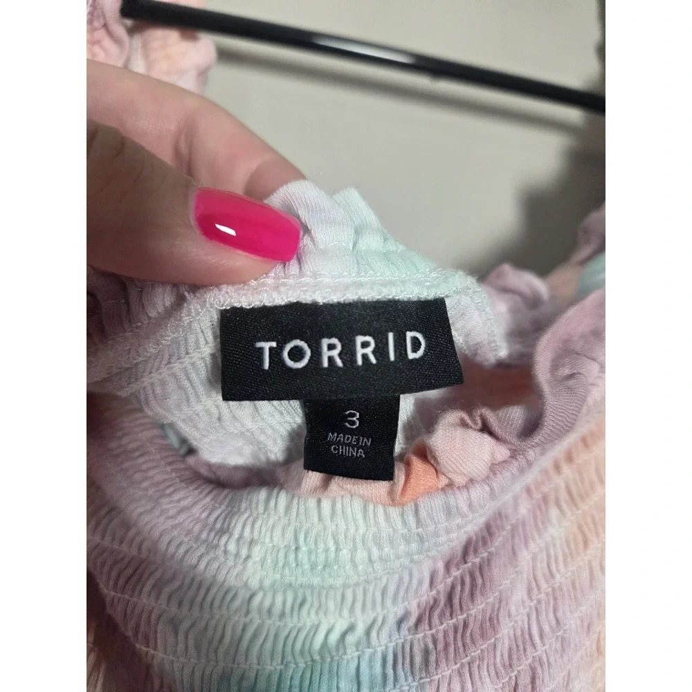 Torrid Tie Dye Cold Shoulder Babydoll Top Plus Size 3X Pastel Purple Pink Blue - Picture 3 of 5